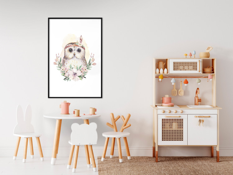 Poster Sabina the Owl - plant composition of light flowers and an owl on a white background 135728 additionalImage 10