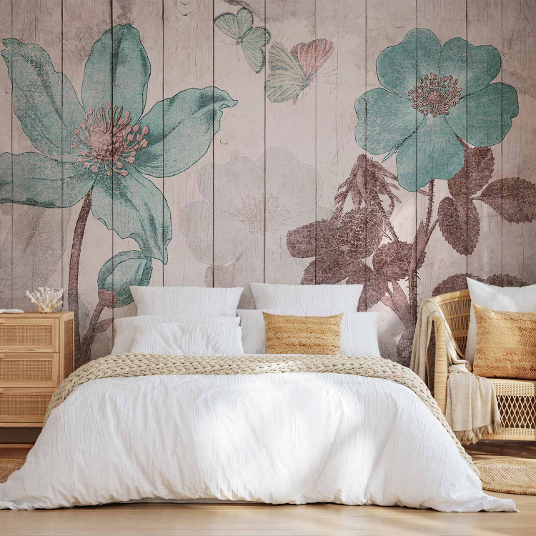 Wall Mural Butterflies and flowers - floral motif on a background of white wooden boards 142728 additionalImage 2