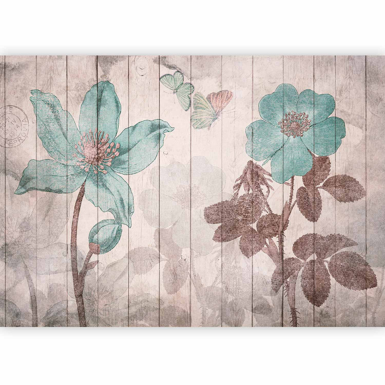 Wall Mural Butterflies and flowers - floral motif on a background of white wooden boards 142728 additionalImage 1