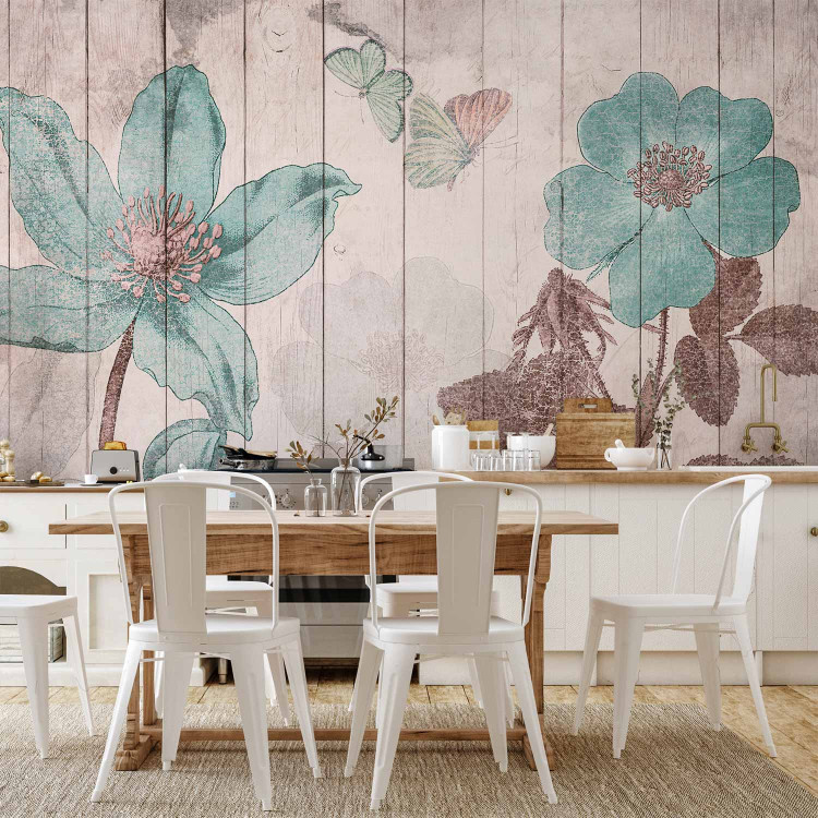 Wall Mural Butterflies and flowers - floral motif on a background of white wooden boards 142728 additionalImage 6