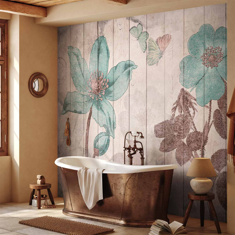 Wall Mural Butterflies and flowers - floral motif on a background of white wooden boards 142728 additionalImage 8