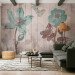 Wall Mural Butterflies and flowers - floral motif on a background of white wooden boards 142728