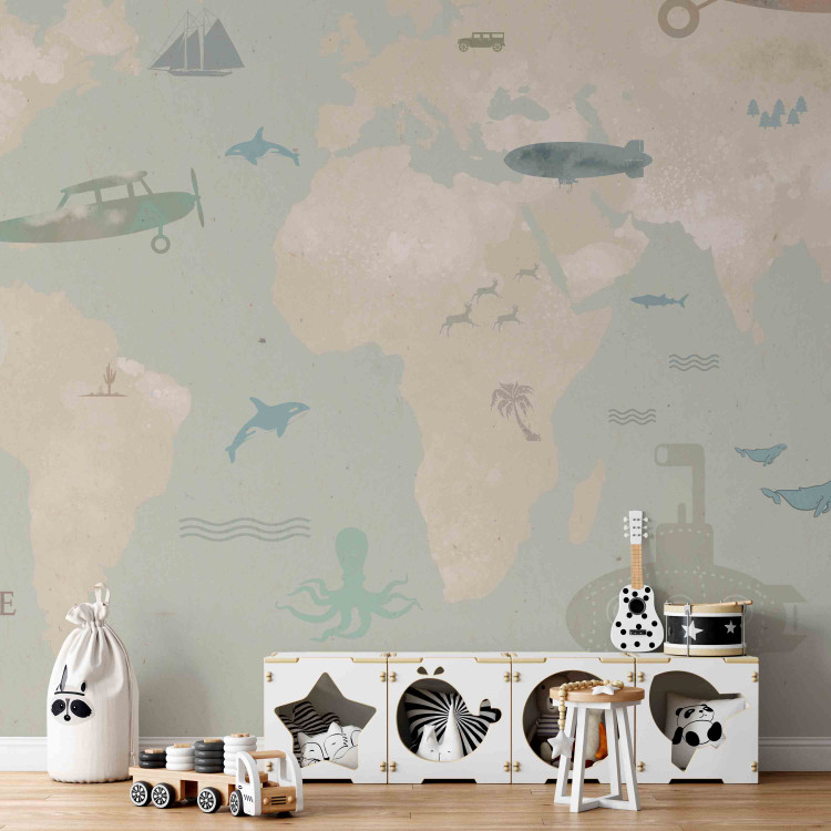 Wall Mural Children's map - fabulous planes and animals on a background of a map of the continents 143428 additionalImage 4