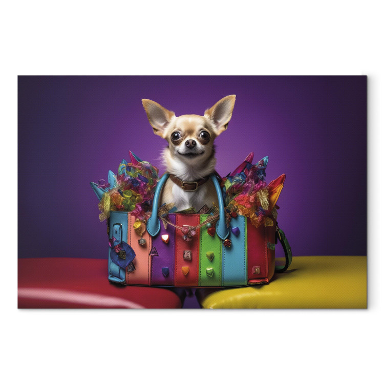 Canvas Print AI Chihuahua Dog - Tiny Animal in a Colorful Bag - Horizontal 150128