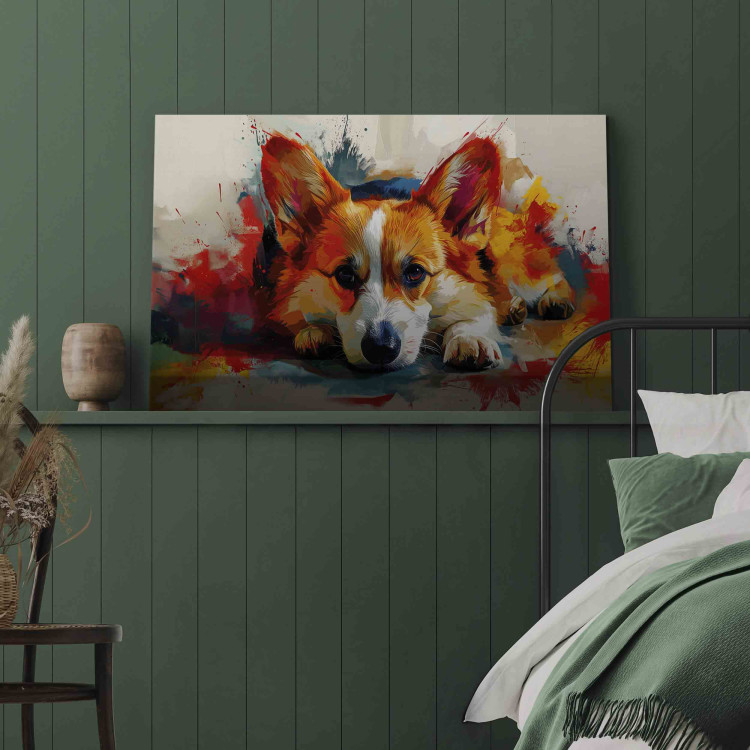Canvas Print Painting Dog - Corgi Waiting for a Bone Among Colorful Paints 159528 additionalImage 9