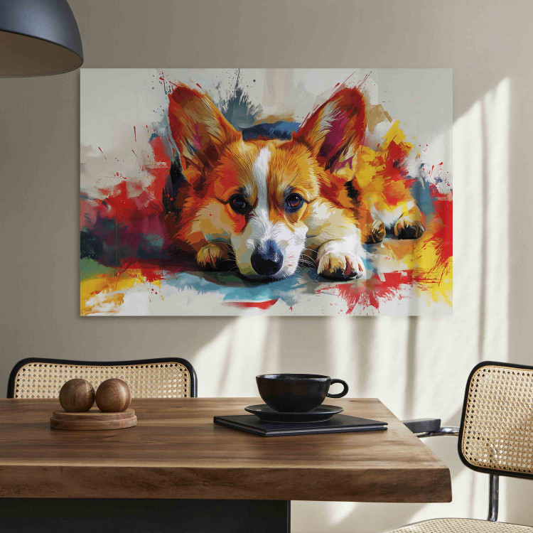 Canvas Print Painting Dog - Corgi Waiting for a Bone Among Colorful Paints 159528 additionalImage 5