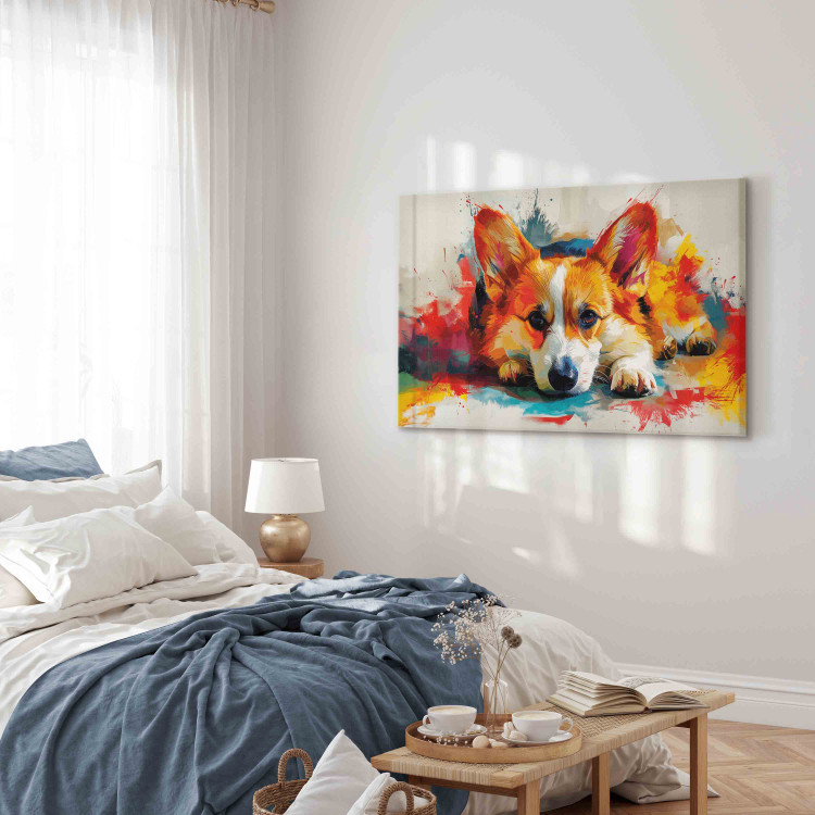Canvas Print Painting Dog - Corgi Waiting for a Bone Among Colorful Paints 159528 additionalImage 10