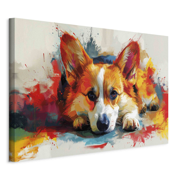 Canvas Print Painting Dog - Corgi Waiting for a Bone Among Colorful Paints 159528 additionalImage 2