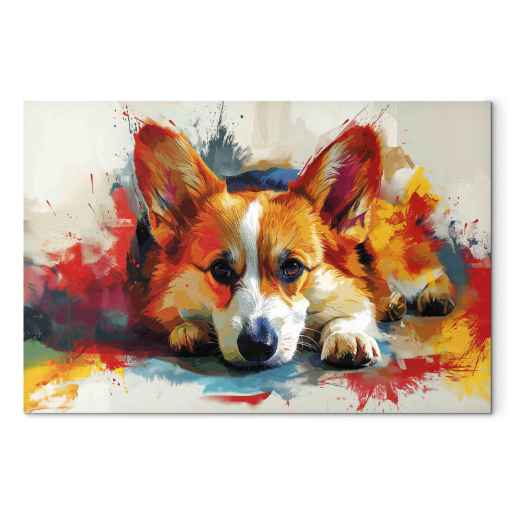 Canvas Print Painting Dog - Corgi Waiting for a Bone Among Colorful Paints 159528 additionalImage 7