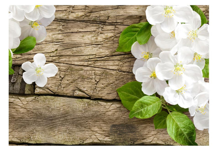 Wall Mural Nature - Raw Wood surrounded by White Flowers with Green Leaves 60728 additionalImage 1