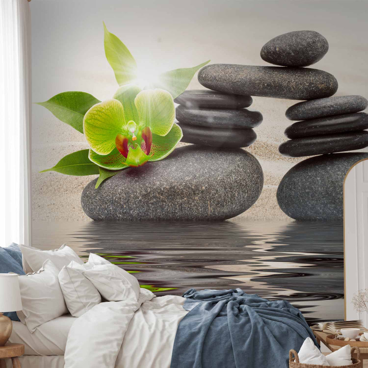 Wall Mural Asian Feng Shui Culture - Zen stones on a water surface with an orchid 61428 additionalImage 2