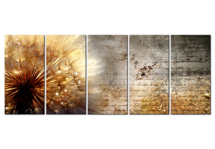 Canvas Golden Dandelion (5-piece) - Composition with Inscriptions on Concrete 98628