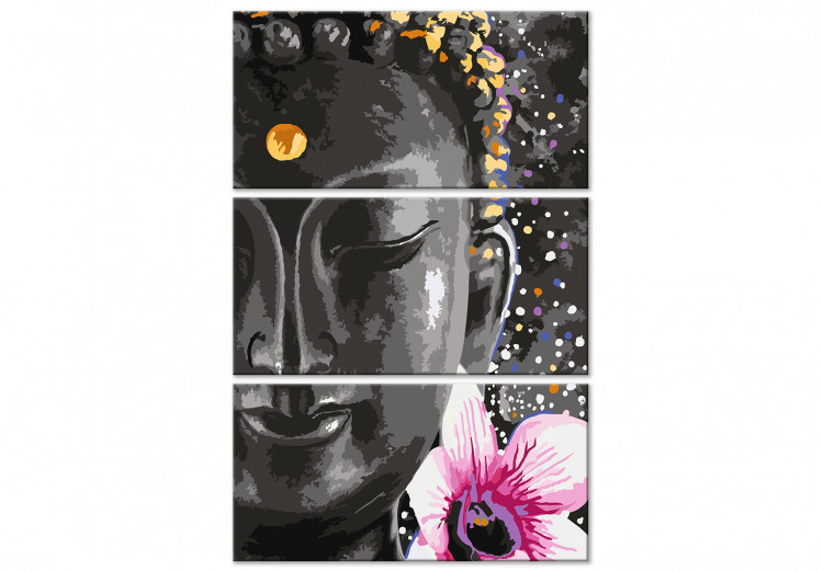 Canvas Buddha's face - a portrait of a figure in dark gray with a pink flower 108238