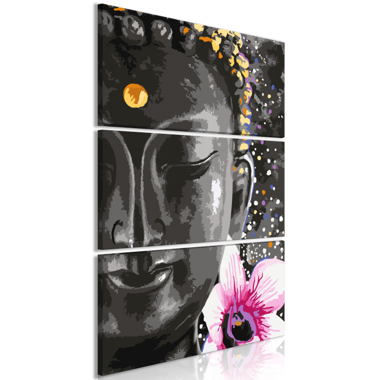 Canvas Buddha's face - a portrait of a figure in dark gray with a pink flower 108238 additionalImage 2