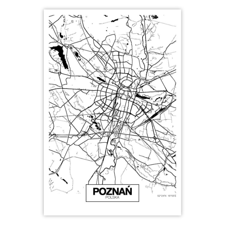 Wall Poster City Map: Poznań - black and white map of Poznań with city name 123838