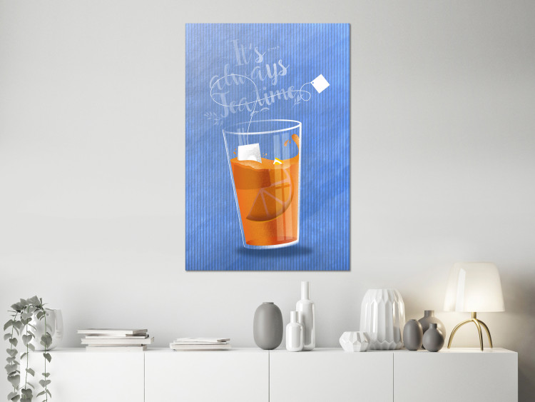 Canvas Art Print There is always time for tea - a glass on a blue background with an inscription in English to the room and dining room 125238 additionalImage 3