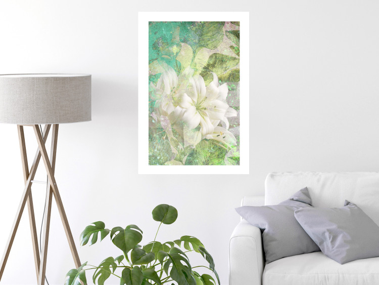 Poster Green Breath - texture with white Lily flower on green background 127838 additionalImage 5