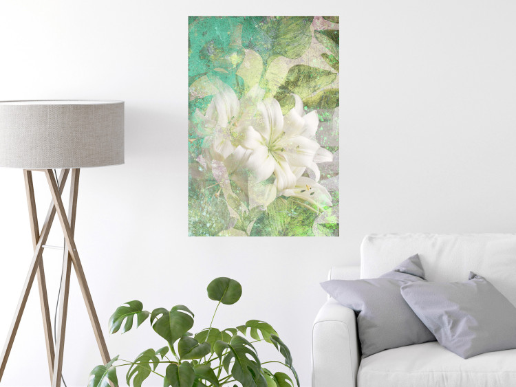 Poster Green Breath - texture with white Lily flower on green background 127838 additionalImage 2