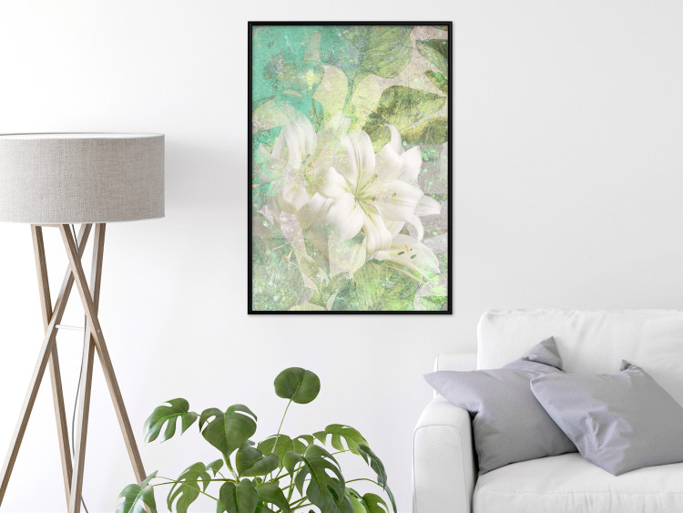 Poster Green Breath - texture with white Lily flower on green background 127838 additionalImage 6