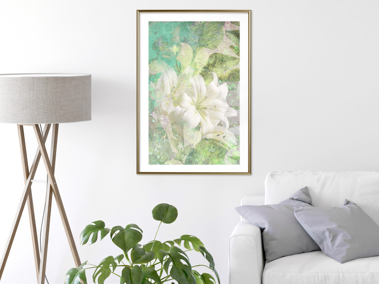 Poster Green Breath - texture with white Lily flower on green background 127838 additionalImage 15