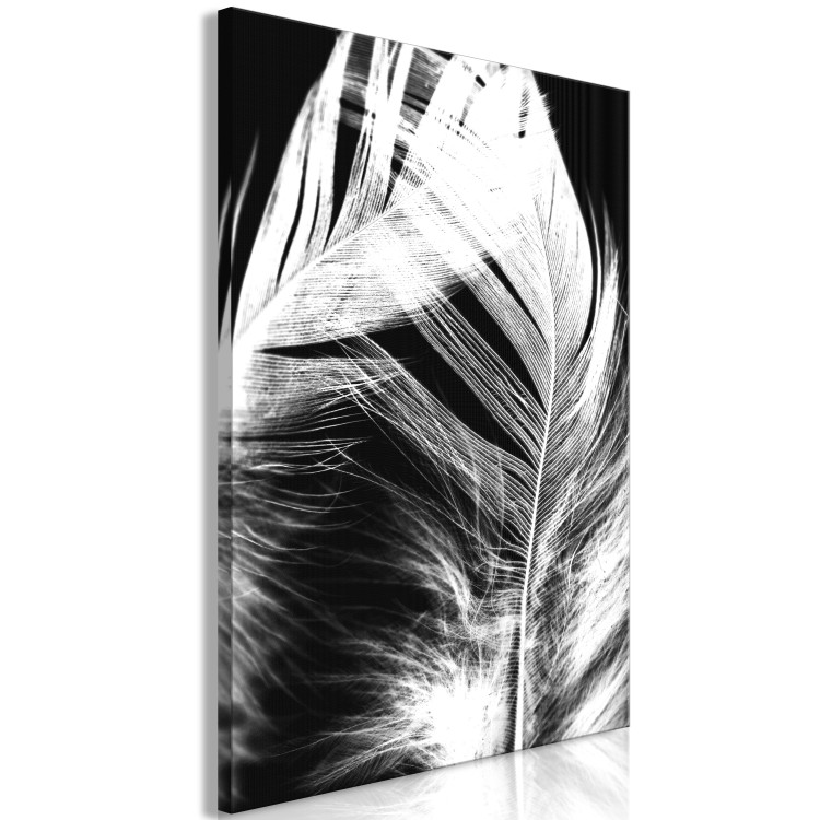 Canvas Art Print White Feather (1-piece) Vertical - white bird feather on black background 129738 additionalImage 2