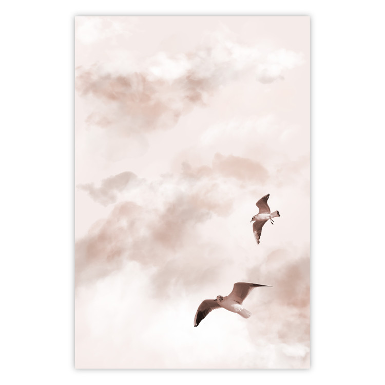 Poster Celestial Lovers - birds and clouds against a pink sky background 136538