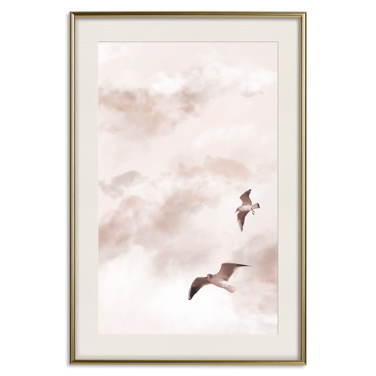 Poster Celestial Lovers - birds and clouds against a pink sky background 136538 additionalImage 2