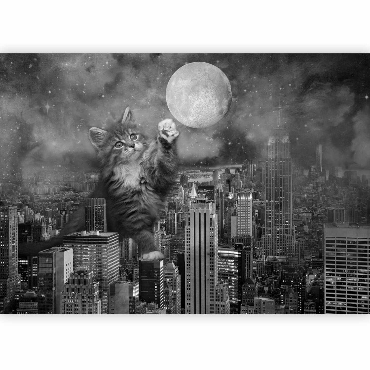 Photo Wallpaper Animal in New York - cat on the background of the moon and the city in grey 143438 additionalImage 1