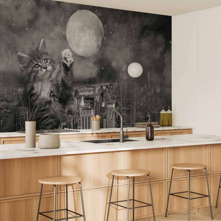 Photo Wallpaper Animal in New York - cat on the background of the moon and the city in grey 143438 additionalImage 7