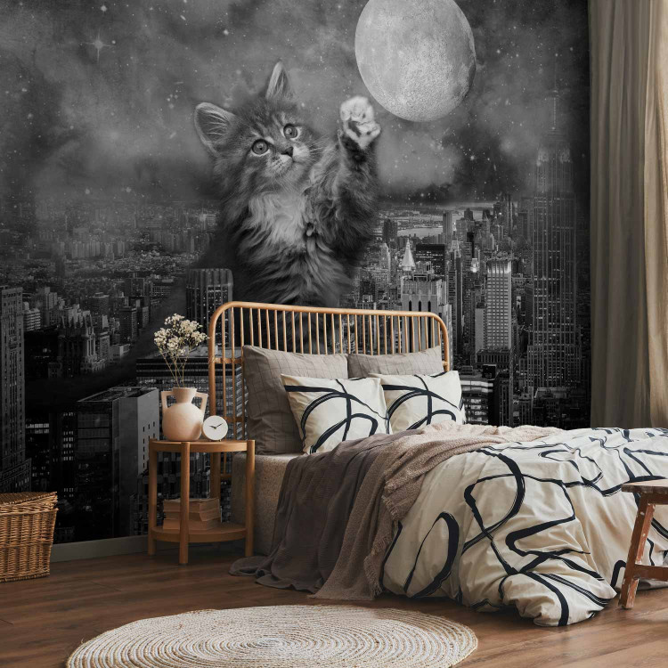 Photo Wallpaper Animal in New York - cat on the background of the moon and the city in grey 143438 additionalImage 2