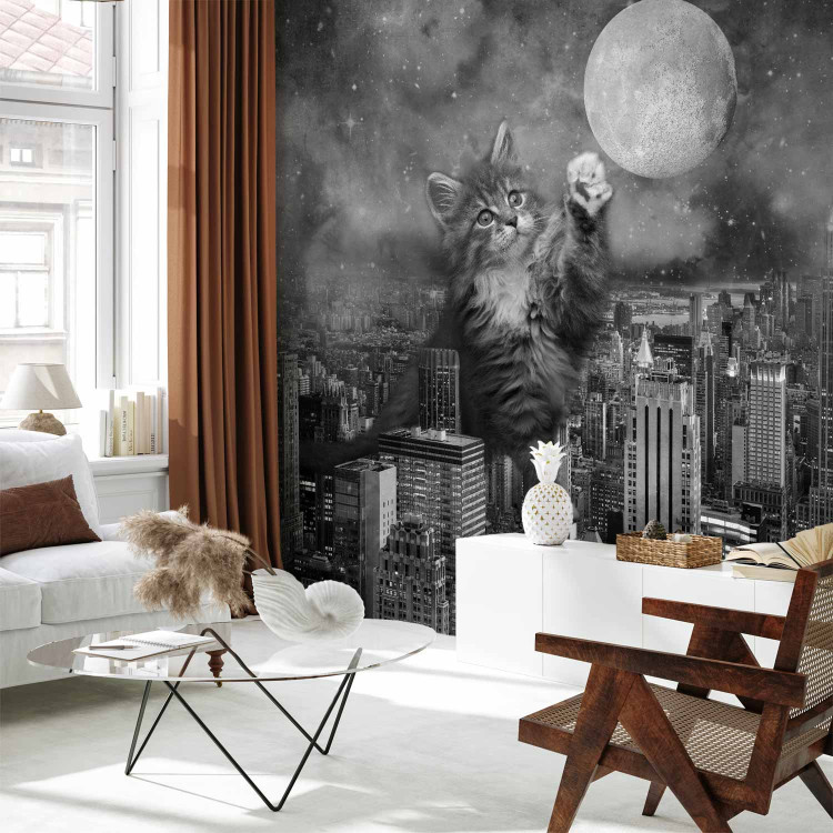 Photo Wallpaper Animal in New York - cat on the background of the moon and the city in grey 143438