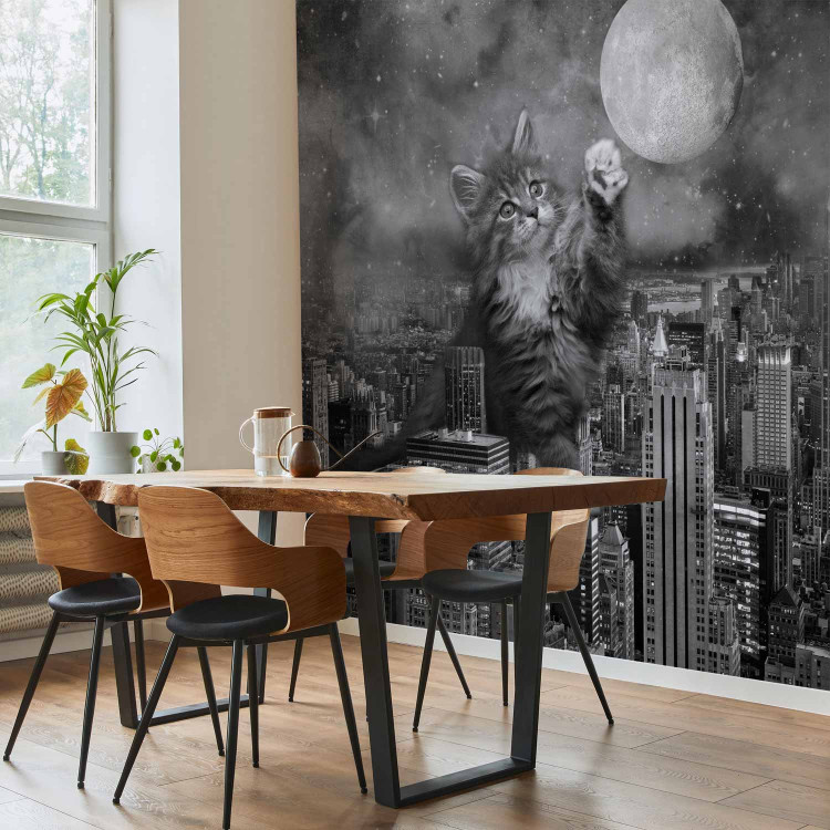 Photo Wallpaper Animal in New York - cat on the background of the moon and the city in grey 143438 additionalImage 4