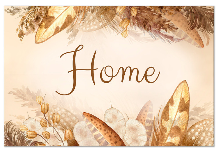Canvas Home Sign (1-piece) - decorative feathers and grass in warm colors 144738