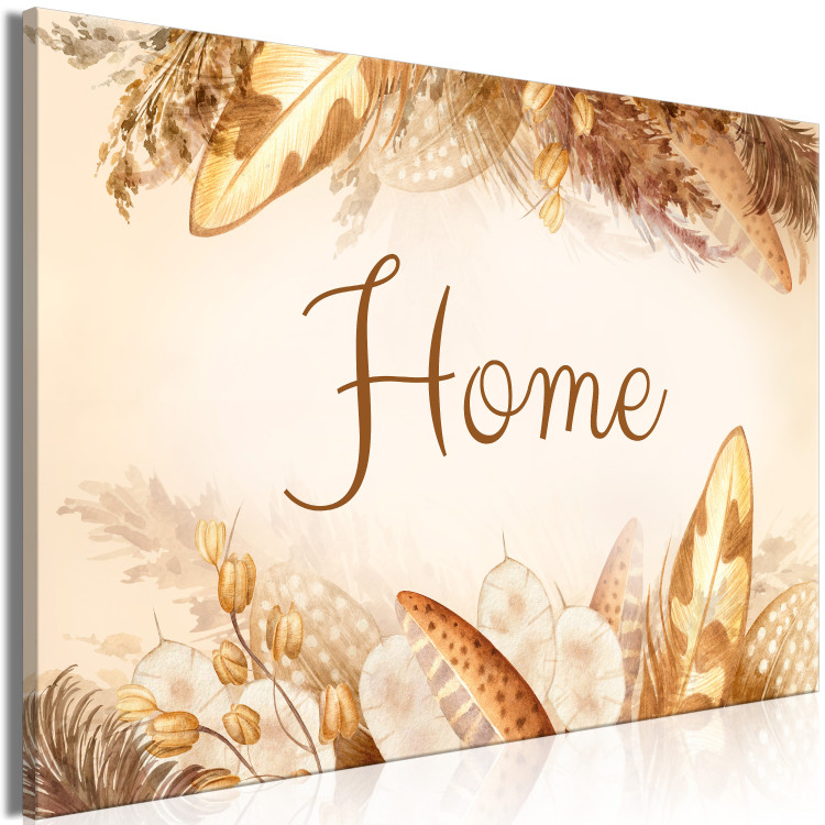 Canvas Home Sign (1-piece) - decorative feathers and grass in warm colors 144738 additionalImage 2