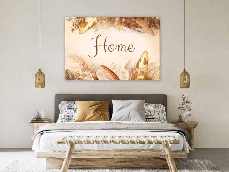 Canvas Home Sign (1-piece) - decorative feathers and grass in warm colors 144738 additionalImage 3