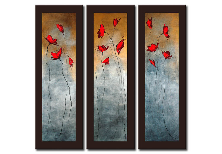 Canvas Art Print Windows with Poppies (3-piece) - Flowers on a background in natural colours 48538