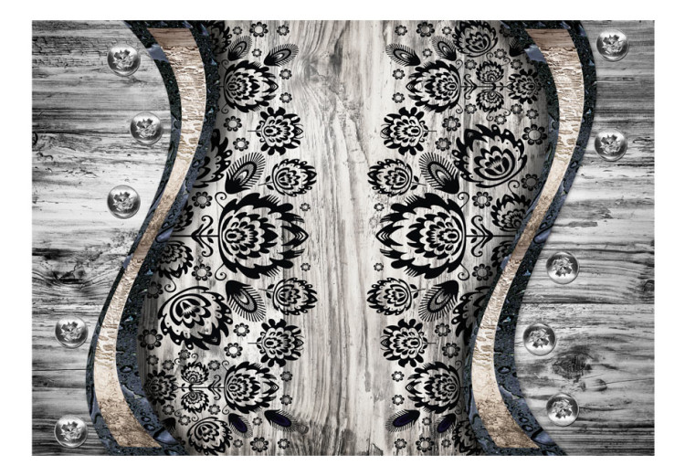 Wall Mural Inspiration - Black Ornaments on Background with Raw Wood in Gray Tones 60838 additionalImage 1