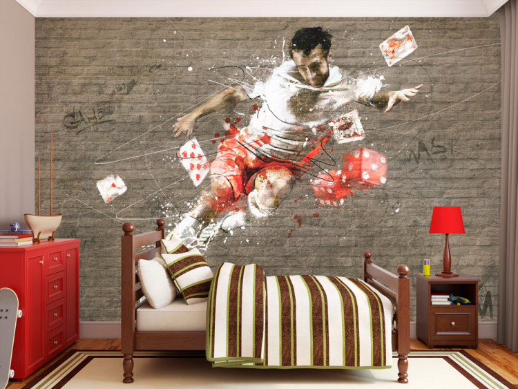 Photo Wallpaper Soccer Poker - Soccer player on a brick background with a soccer ball and playing cards 61138