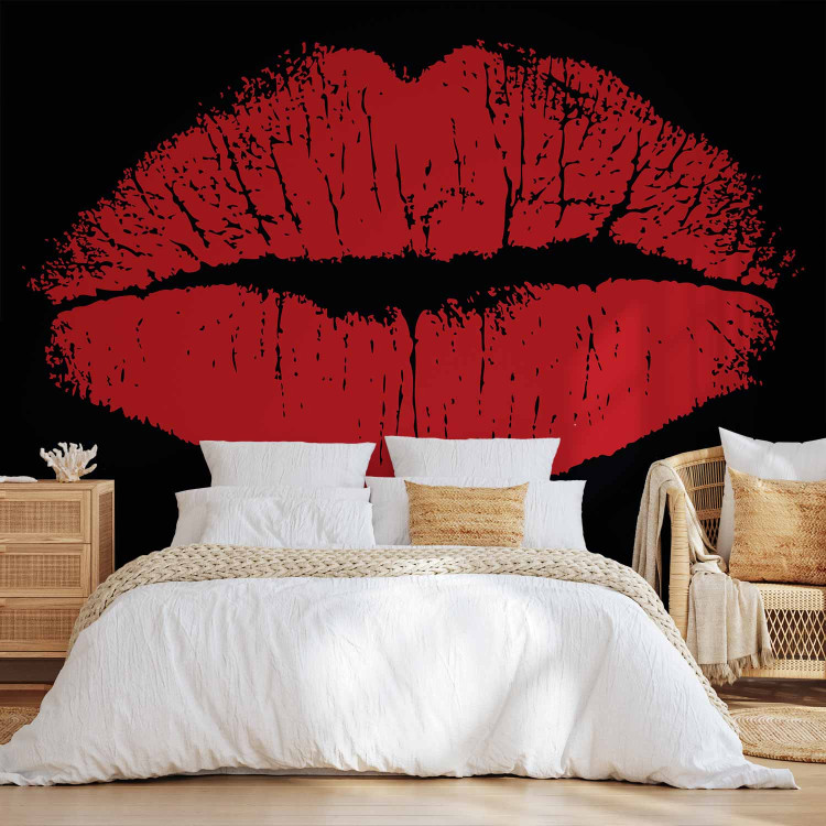 Photo Wallpaper Sensual Kiss - Red female lips with lipstick on a black background 61238 additionalImage 2