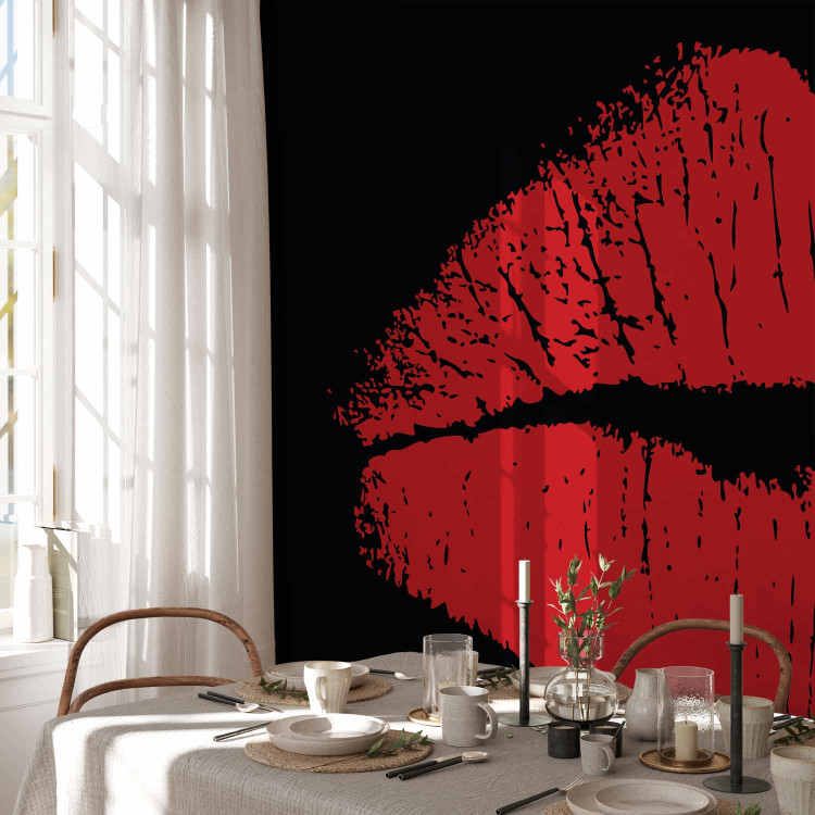 Photo Wallpaper Sensual Kiss - Red female lips with lipstick on a black background 61238 additionalImage 7
