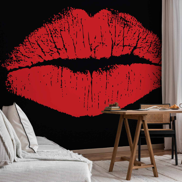 Photo Wallpaper Sensual Kiss - Red female lips with lipstick on a black background 61238 additionalImage 4