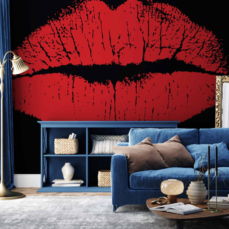 Photo Wallpaper Sensual Kiss - Red female lips with lipstick on a black background 61238