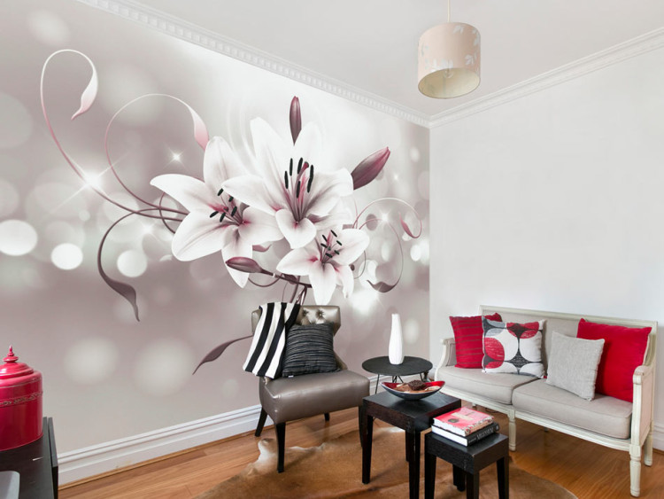 Wall Mural White Flowers on Gray Background - Floral Pattern of Lilies with Twinkling Lights 64638