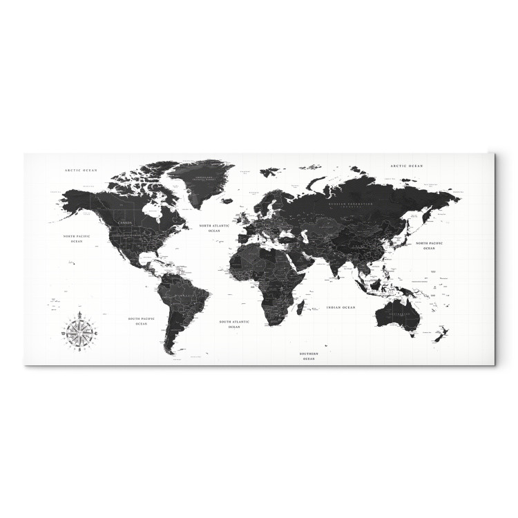 Canvas Art Print Black and White Map (1-part) Narrow - Black World Map with Labels 108448