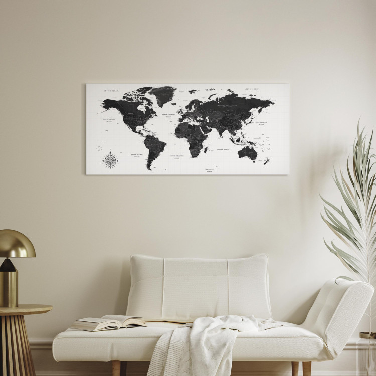 Canvas Art Print Black and White Map (1-part) Narrow - Black World Map with Labels 108448 additionalImage 3