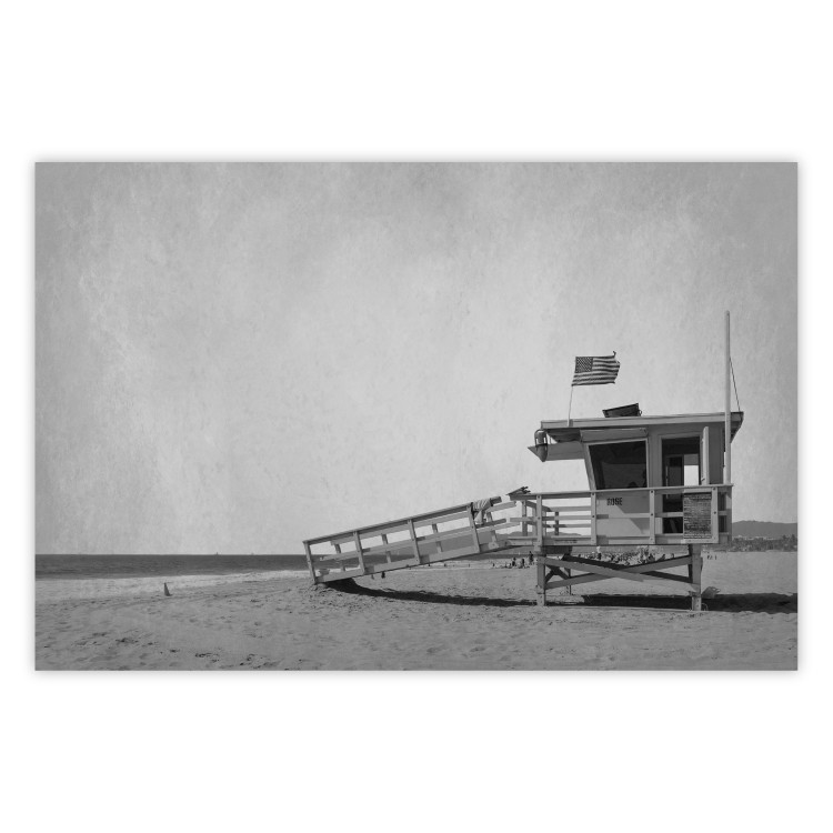 Poster Lifeguard Tower with USA Flag - black and white shot with beach and ocean 116348