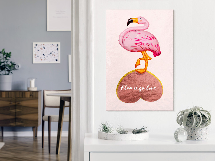Canvas Art Print Flamingo standing on inverted heart - bird with an English inscription 125448 additionalImage 3