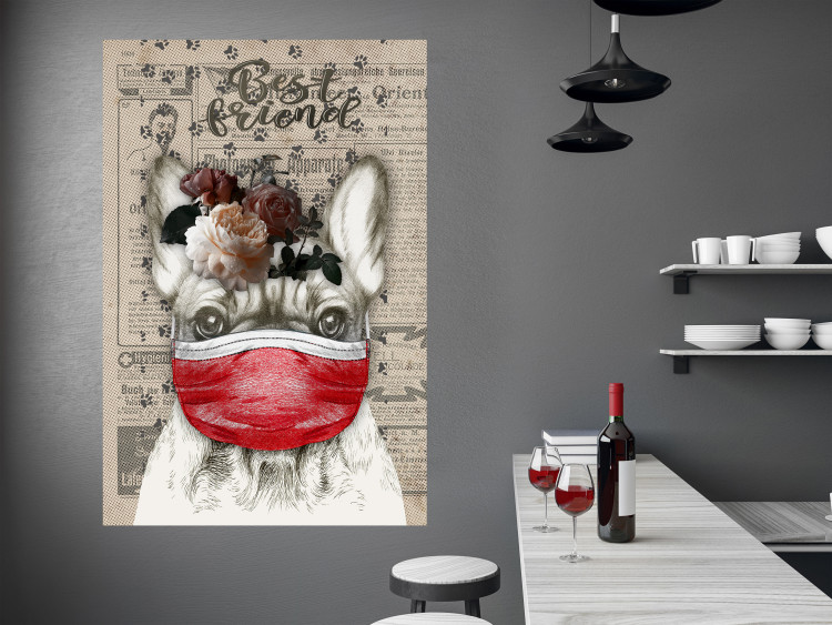 Poster Rufio - humorous fantasy with a purebred dog in a mask and text in the background 129148 additionalImage 4