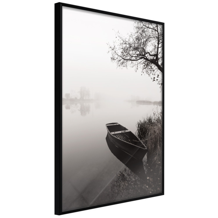 Poster Harbor Under the Tree - black and white misty lake landscape with a boat 130348 additionalImage 3