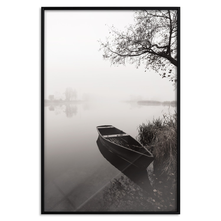 Poster Harbor Under the Tree - black and white misty lake landscape with a boat 130348 additionalImage 16